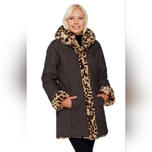 Dennis Basso Faux Fur & Water Resistant Puffer Reversible Coat